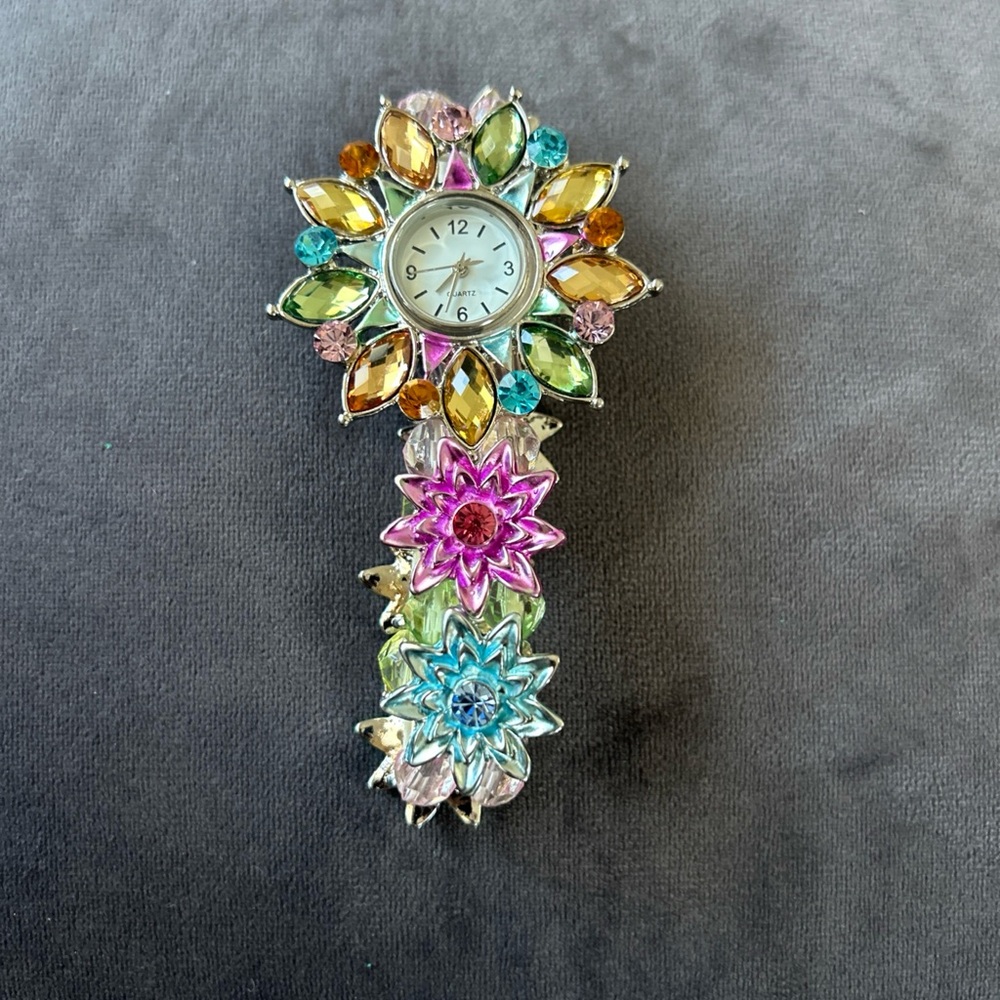 Colorful Jeweled Brooch Watch